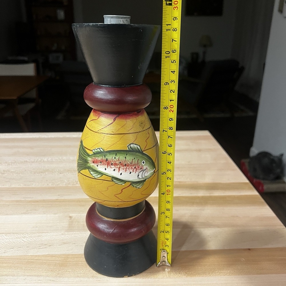 Whimsical Hand-Painted Pillar Candle Holder, Fish, Philippines, Wood, Cracked - Picture 4 of 10